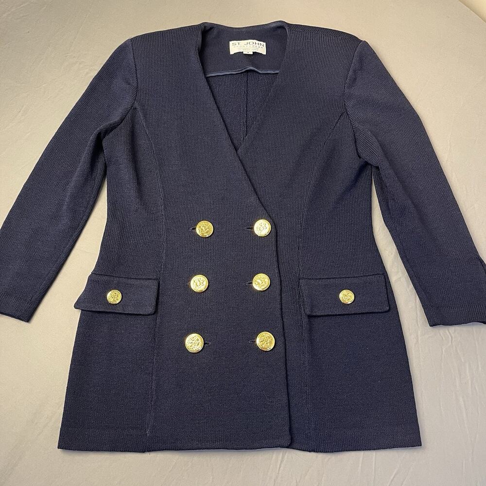 ST. JOHN Sportswear Navy Blue Knit Jacket Size 4 Double Breasted Gold Button